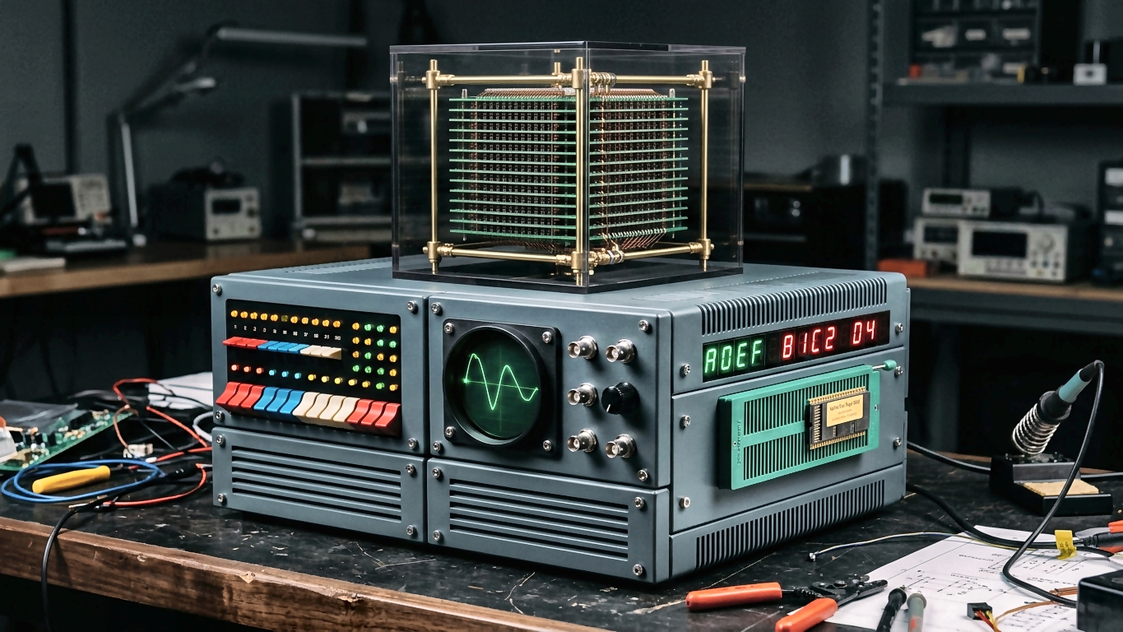 16-Bit Core Memory Cube Workstation mit Unterflur-Dock, Acrylhaube und Mini-CRT
